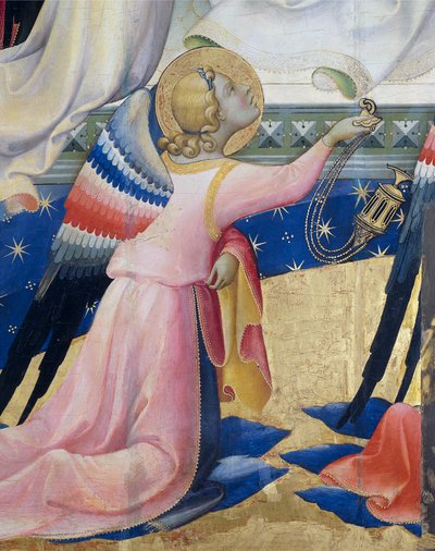 Kniender Engel, (Detail) aus dem zentralen Panel der Krönung der Jungfrau von Lorenzo Monaco (ca. 1370-1425), Tempera und Gold auf Panel, 506x4475 cm von Lorenzo Monaco