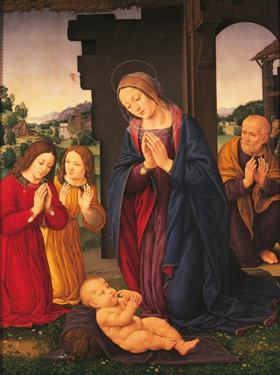 Die Anbetung des Kindes und der Engel, von Lorenzo di Credi (1459-1536), Tempera auf Leinwand von Lorenzo di Credi