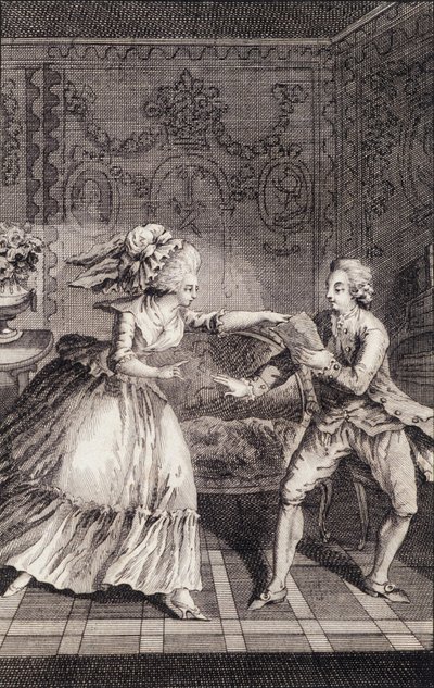 Der gestohlene Liebesbrief (Libertinage) - in „Die Französinnen oder 34 Beispiele aus den aktuellen Sitten, geeignet, Töchter, Frauen, Ehefrauen, Mütter zu führen“ von Restif de La Bretonne (1734-1806), ill. von Binet, Neufchatel von Louis (after) Binet