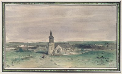 Kirche und Dorf in der Mitte eines Feldes, Montigny, 1866 von Louis Adolphe Hervier