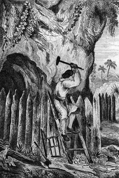 Ich pflanzte zehn Reihen Palisaden. Gravur nach der Zeichnung von M. de Sainson für das Buch von Daniel Defoe „Robinson Crusoe“ französische Ausgabe von 1837. von Louis Auguste de Sainson