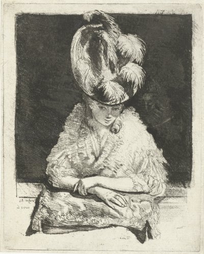 Porträt einer jungen Frau mit Hut, die aus dem Fenster schaut von Louis Bernard Coclers