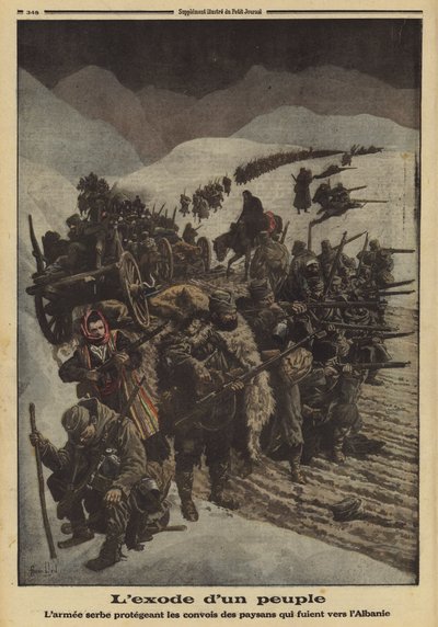Exodus eines Volkes: Die serbische Armee schützt eine Kolonne von Bauern, die nach Albanien fliehen, Erster Weltkrieg von Louis Charles (after) Bombled