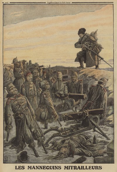 Russischer Soldat entdeckt einen deutschen Schützengraben mit Maschinengewehren, die von Dummys bemannt sind; Erster Weltkrieg von Louis Charles (after) Bombled