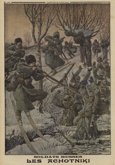 Russische Soldaten auf Skiern fangen eine Gruppe Deutscher, Erster Weltkrieg von Louis Charles (after) Bombled