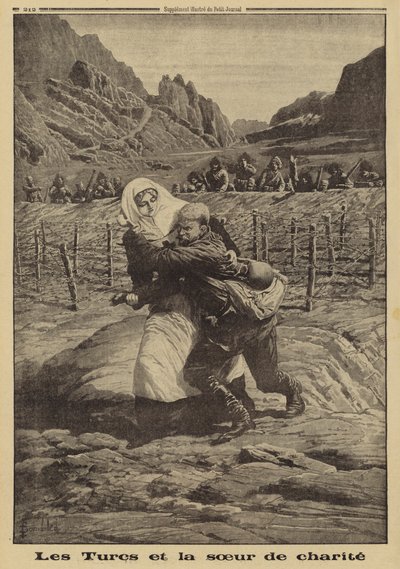 Türkische Soldaten halten ihr Feuer zurück, während eine Rotkreuzschwester einen verwundeten russischen Soldaten aus dem Niemandsland rettet, Kaukasus, Erster Weltkrieg von Louis Charles (after) Bombled