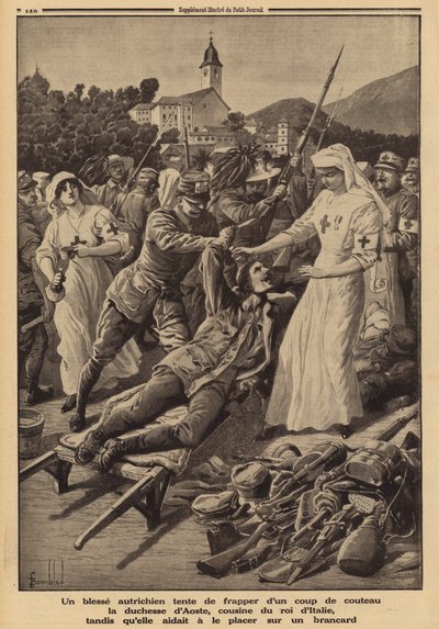 Verwundeter österreichischer Soldat versucht, die Herzogin von Aosta, Cousine von König Viktor Emanuel III. von Italien, die als freiwillige Krankenschwester arbeitet und ihm auf eine Trage helfen will, zu erstechen, Erster Weltkrieg von Louis Charles (after) Bombled