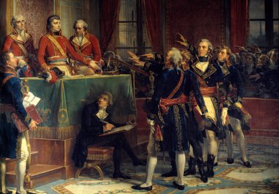 Die drei Konsuln: Bonaparte, Cambaceres und Lebrun empfangen die Eide der Präsidenten. Rechts Emmanuel-Joseph (Emmanuel Joseph) Sieyes (1748-1836) und Pierre-Roger (Pierre Roger) Ducos (Roger Ducos) (1747-1816). Gemälde von Louis Charles Auguste Coud von Louis Charles Auguste Couder
