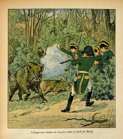 Illustration aus dem Buch „The Memorial of Saint Helene“ von Graf Emmanuel de Las Cases: Der Kaiser Napoleon jagt den Eber im Wald von Marly von Louis Charles Bombled