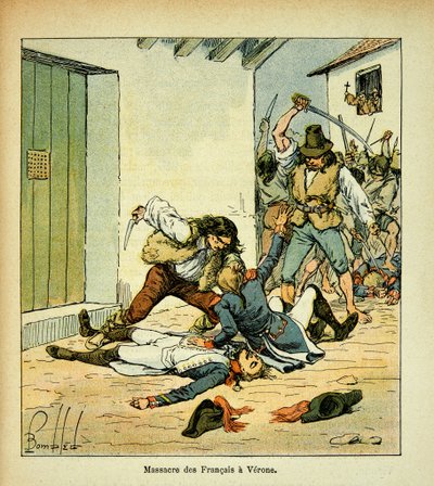 Illustration von Louis Bombled (1862-1927) aus dem Buch „Das Memorial von Saint Helena“ von Graf Emmanuel de Las Cases (1766-1842): Massaker an französischen Soldaten in Verona, Privatbesitz von Louis Charles Bombled