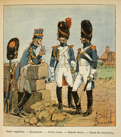 Illustration von Louis Bombled aus dem Buch „Das Memorial von Saint Helene“ von Graf Emmanuel de Las Cases: Grenadiere der kaiserlichen Garde: Kleine Uniform; große Uniform und Landuniform von Louis Charles Bombled
