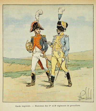 Illustration aus dem Buch „The Memorial of Saint Helene“ von Graf Emmanuel de Las Cases: Kaiserliche Garde: Musiker des 1. und 2. Grenadierregiments von Louis Charles Bombled