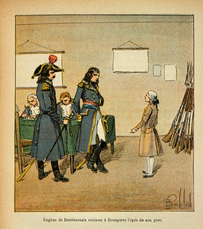 Illustration von Bombled Louis (1862-1927) aus dem Buch „Das Memorial von St. Helena“ von Graf Emmanuel de Las Cases (1766-1842): Eugene de Beauharnais (1781-1824) fordert das Schwert seines Vaters von Bonaparte, Private Sammlung von Louis Charles Bombled