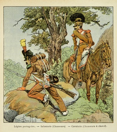 Portugiesische Legion: Infanterie (Jäger) und Kavallerie (Jäger zu Pferd), aus dem Buch „The Memorial of Saint Helene“ von Graf Emmanuel de Las Cases von Louis Charles Bombled