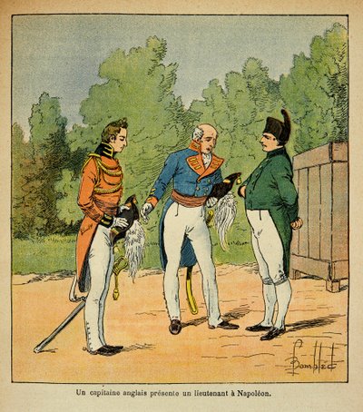 Illustration von Louis Bombled (1862-1927) aus dem Buch „Das Memorial von Saint Helena“ von Graf Emmanuel de Las Cases (1766-1842): Auf St. Helena stellt ein englischer Kapitän Kaiser Napoleon einen Leutnant vor, Privatbesitz von Louis Charles Bombled