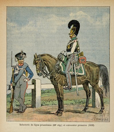Illustration aus dem Buch „The Memorial of Saint Helene“ von Graf Emmanuel de Las Cases: Infanterie der preußischen Linie (42. Regiment) und preußische Schlachtschiffe von Louis Charles Bombled