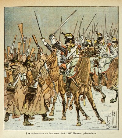 Illustration aus dem Buch „The Memorial of St. Helene“ von Graf Emmanuel de Las Cases: Das 9. Regiment von Colonel Doumere erbeutet 1800 Russen während des Russlandfeldzugs von Louis Charles Bombled