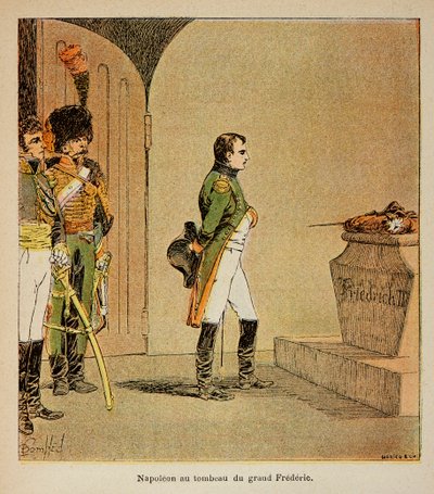 Illustration von Louis Bombled (1862-1927) aus dem Buch „Das Memorial von St. Helena“ von Graf Emmanuel de Las Cases (1766-1842): Napoleon meditiert über den Sarg von Friedrich II. von Preußen in der Krypta der Garnisonkirche in Potsdam im Jahr 1806, Priva von Louis Charles Bombled