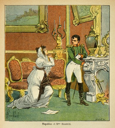 Illustration von Louis Bombled aus dem Buch „Das Memorial von Saint Helene“ von Graf Emmanuel de Las Cases: Gnade des Kaisers Napoleon gegenüber der Prinzessin von Hatzfeld, die um die Gnade für ihren Mann bittet von Louis Charles Bombled
