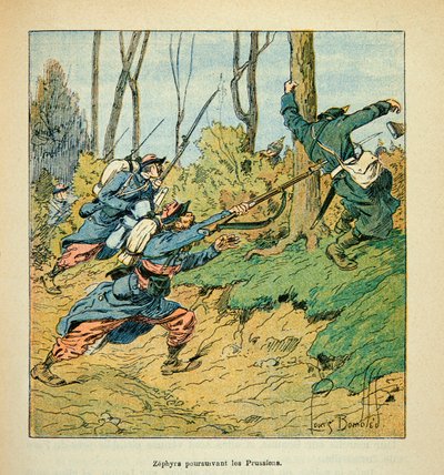 Die Armee der Loire von Eugene Sergent, genannt Grenest, illustriert von Louis Bombled (Französisch-Deutscher Krieg; Feldzug von 1870-1871): Französische Soldaten verfolgen Preußen während des Krieges von 1870 von Louis Charles Bombled