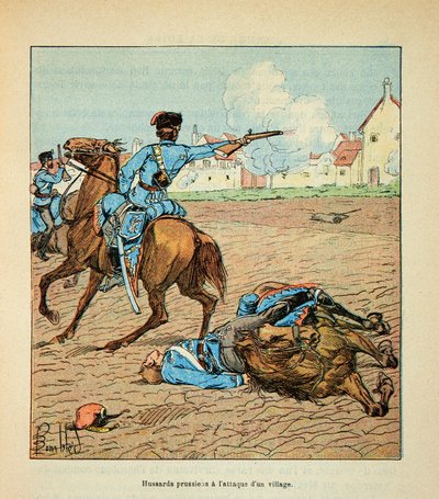 Die Armee der Loire von Eugene Sergent, dit Grenest, illustriert von Louis Bombled (Deutsch-Französischer Krieg; Feldzug von 1870-1871): Preußische Husaren griffen im Oktober 1870 ein Dorf an von Louis Charles Bombled