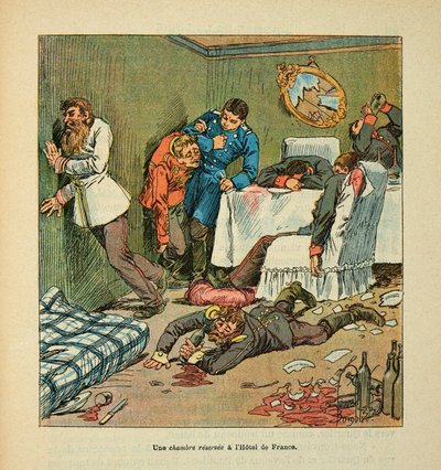 Die Armee der Loire von Eugene Sergent, illustriert von Louis Bombled (Deutsch-Französischer Krieg; Feldzug von 1870-1871): Ein Zimmer im Hôtel de France in Le Mans, betrunken von den Preußen von Louis Charles Bombled