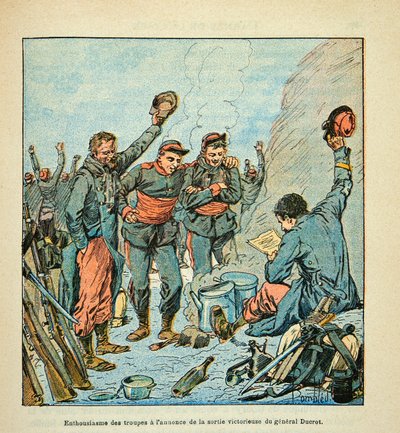 Die Armee der Loire von Eugene Sergent, illustriert von Louis Bombled (Deutsch-Französischer Krieg; Feldzug von 1870-1871): Die Soldaten der Armee der Loire begeistert über den siegreichen Auszug von General Ducrot von Louis Charles Bombled