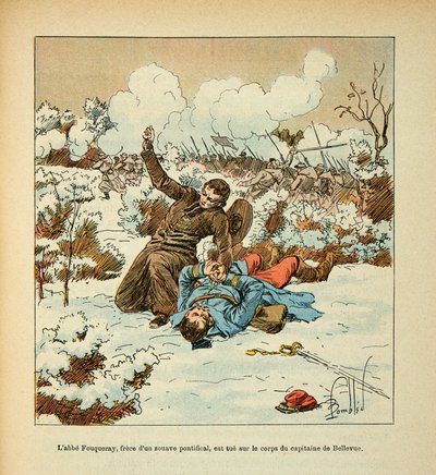 Die Armee der Loire von Eugene Sergent, genannt Grenest, illustriert von Louis Bombled (Französisch-Deutscher Krieg; Feldzug von 1870-1871): Abbe Fouqueray, Bruder eines Päpstlichen Zuaven, wird auf dem Körper von Hauptmann Bellevue getötet von Louis Charles Bombled