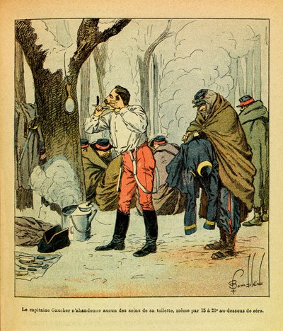 Die östliche Armee von Eugene Sergeant, genannt Grenest, illustriert von Louis Bombled (1862-1927) (Französisch-Deutscher Krieg; Feldzug von 1870-1871): Hauptmann Gaucher gibt selbst im tiefsten Winter keine seiner Pflichten auf, Privatsammlung von Louis Charles Bombled