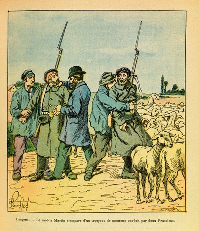 Die östliche Armee von Eugene Sergeant, genannt Grenest, illustriert von Louis Bombled (1862-1927) (Deutsch-Französischer Krieg; Feldzug von 1870-1871): Der Martin-Mobil, als Bauer verkleidet, ergriff eine Schafherde, die von zwei Preußen nach Langres gefü von Louis Charles Bombled