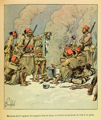 Die östliche Armee: Januar 1871, die Turcos des 1. Regiments biwakieren im Schnee, in Blusen und Hosen aus Segeltuch und barfuß von Louis Charles Bombled
