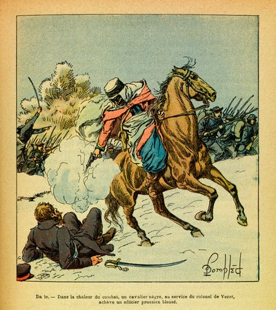Die östliche Armee von Eugene Sergeant, genannt Grenest, illustriert von Louis Bombled (1862-1927) (Deutsch-Französischer Krieg; Feldzug von 1870-1871): Januar 1871, ein schwarzer Reiter im Dienst von Oberst De Vezet tötet einen verwundeten preußischen Off von Louis Charles Bombled