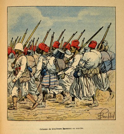 Der Krieg in Madagaskar - Anekdotische Geschichte der französischen Expeditionen von 1885-1895 von Henri Galli, illustriert von Louis Bombled: Kolonne der Haussa-Tirailleurs marschiert 1895 von Louis Charles Bombled