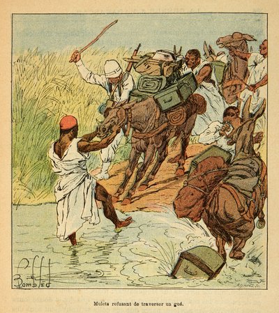 Der Krieg in Madagaskar - Anekdotische Geschichte der französischen Expeditionen von 1885-1895: Maultiere verweigern die Überquerung einer Furt während der französischen Expedition nach Madagaskar 1895 von Louis Charles Bombled