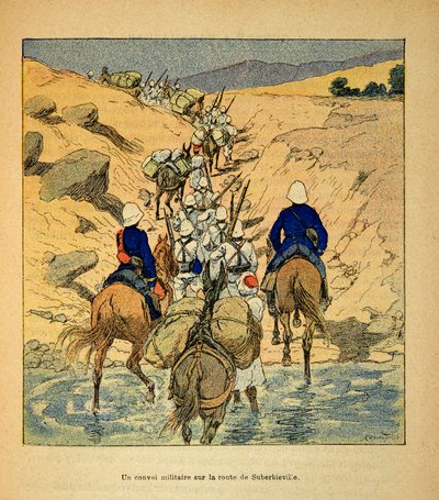 Der Krieg in Madagaskar - Anekdotische Geschichte der französischen Expeditionen von 1885-1895 von Henri Galli dit Galllichet, illustriert von Louis Bombled: Ein Militärkonvoi auf dem Weg nach Suberbieville 1895 von Louis Charles Bombled