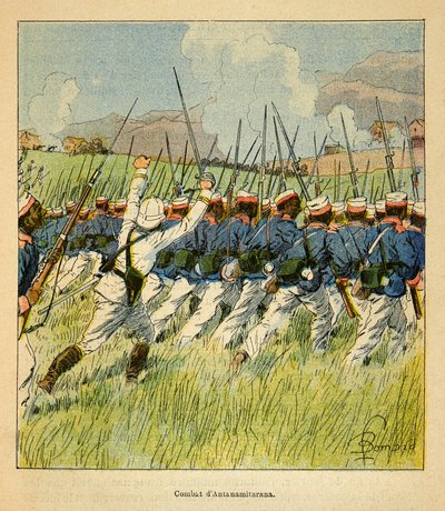 Der Krieg in Madagaskar - Anekdotische Geschichte der französischen Expeditionen von 1885-1895 von Henri Galli dit Galllichet, illustriert von Louis Bombled: Französische Truppen während der Schlachten von Antanamitarana 1895 von Louis Charles Bombled