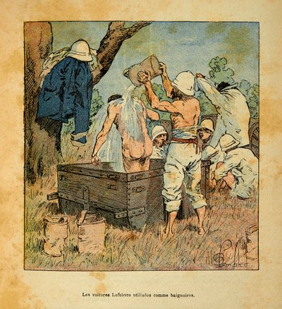 Der Krieg in Madagaskar - Anekdotische Geschichte der französischen Expeditionen von 1885-1895 von Henri Galli dit Galllichet (1854-1922), illustriert von Louis Bombled (1862-1927): Die Lefebvre-Autos, die 1895 in Madagaskar von Soldaten als Badewanne genu von Louis Charles Bombled