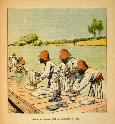 Der Krieg in Madagaskar - Anekdotische Geschichte der französischen Expeditionen von 1885-1895 von Henri Galli dit Galllichet (1854-1922), illustriert von Louis Bombled (1862-1927): Soldaten des afrikanischen Regiments reinigen ihre Wäsche am Ufer eines Fl von Louis Charles Bombled