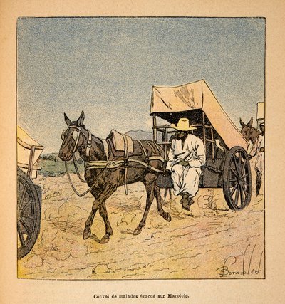 Der Krieg in Madagaskar - Anekdotische Geschichte der französischen Expeditionen von 1885-1895 von Henri Galli, illustriert von Louis Bombled: Konvoi von Kranken auf Marololo von Louis Charles Bombled