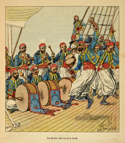 Der Krieg in Madagaskar - Anekdotische Geschichte der französischen Expeditionen von 1885-1895 von Henri Galli, illustriert von Louis Bombled: Die Nouba der Turcos an Bord des Schiffes nach Madagaskar von Louis Charles Bombled