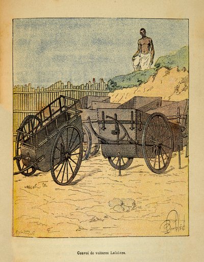 Der Krieg in Madagaskar - Anekdotische Geschichte der französischen Expeditionen von 1885-1895 von Henri Galli dit Galllichet, illustriert von Louis Bombled: Konvoi von Lefebvre-Autos zur Versorgung der Truppen von Louis Charles Bombled