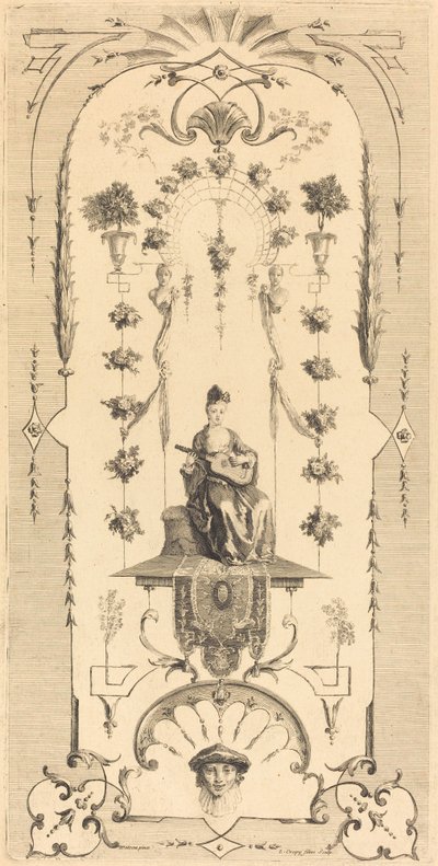 Sitzende Frau, die Gitarre spielt von Louis Crépy after Antoine Watteau