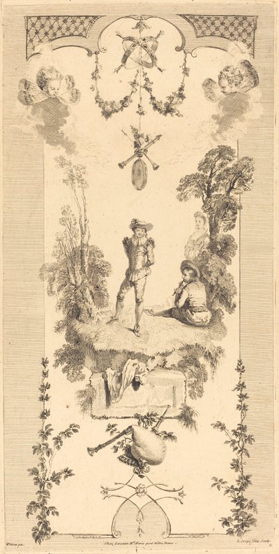Hirte, der zum Klang einer Flöte tanzt von Louis Crépy after Antoine Watteau