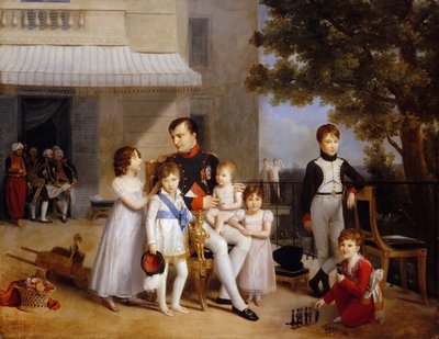 Der Kaiser Napoleon I. auf der Terrasse des Château Saint-Cloud, umgeben von seinen Kindern von Louis Ducis