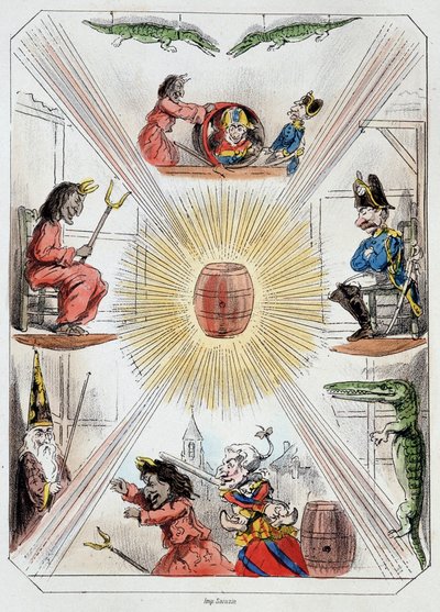 Le tonneau - Lithografie, aus Theatre des marionnettes du jardin des Tuileries, Text und Zeichnung von Louis Edmond Duranty von Louis Edmond Duranty