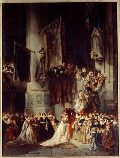 Eine Zeremonie in der Kirche von Delft. Gemälde, das eine Hochzeit in Holland im 16. Jahrhundert darstellt. Gemälde von Louis Gabriel Eugene Isabey (1803-1886) von Louis Eugene Gabriel Isabey