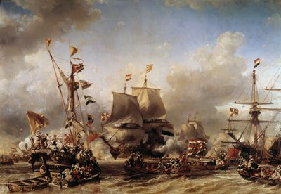 Anglo-Niederländischer Krieg: „Einschiffung des niederländischen Admirals Michel Adrien Ruyter und William de Witt für die Schlacht von Texel“ (Louis Gabriel Eugene Isabey) von Louis Eugene Gabriel Isabey