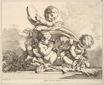 Drei Cupidos, zwei spielen Musik, einer hält Palmblätter von Louis Felix de la Rue