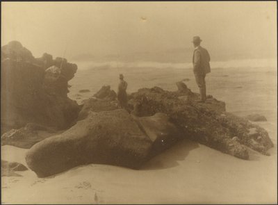 Drei Männer angeln von Felsen am Strand von Louis Fleckenstein