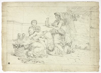 Heilige Familie mit Engel, der einen Krug trägt (recto); Rechte Hälfte der Skizze für Lunette (verso) von Louis Gauffier